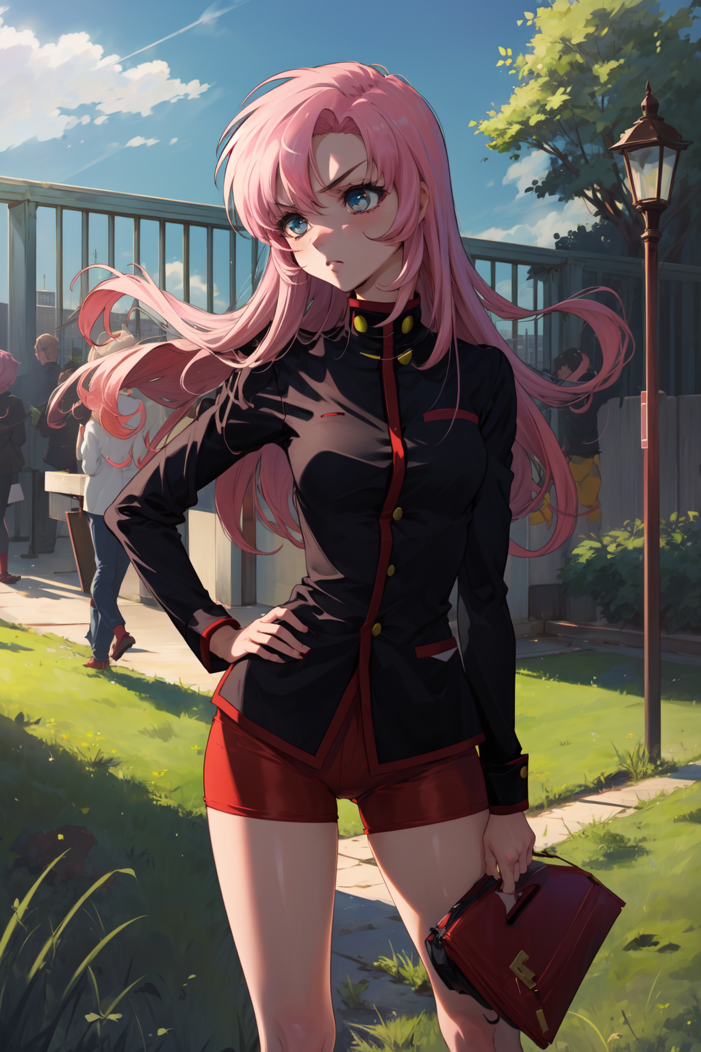 masterpiece,best quality,1girl,tenjou utena,black jacket,red shorts,red socks,serious,standing,looking to the side,hand on...